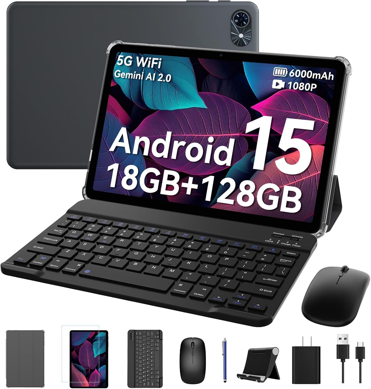 Tablet 2026 Android 16 Tablets, 10.1 Inch Tablet with HD Display, 18GB RAM 128GB ROM /2TB TF, Gemini AI 2.0, Daul Speaker and Cameras, 6000mAh, Widevine L1, 2 in 1 Tablets with Keyboard Mouse Stylus