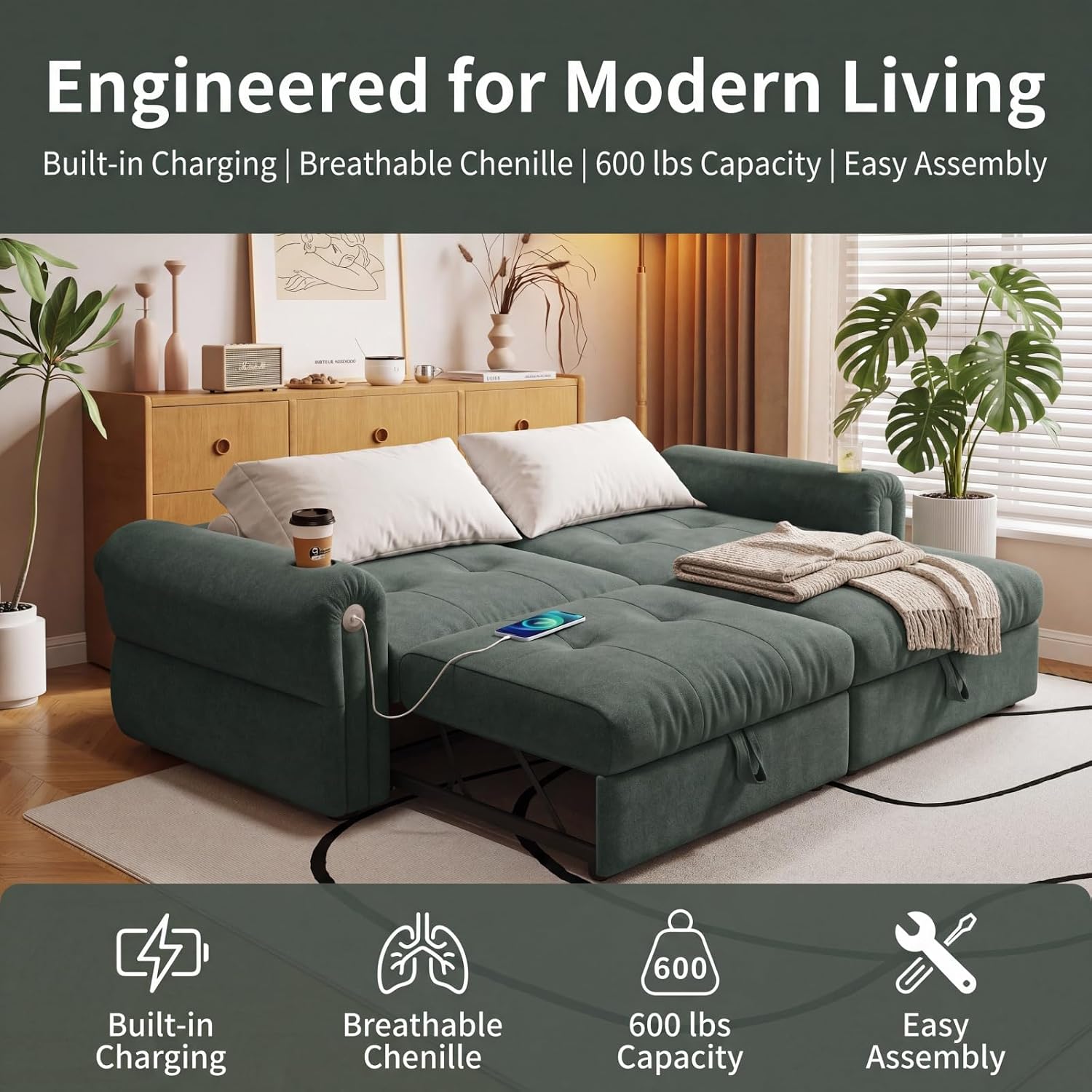 Convertible Couches, Queen Size Pull Out Sofa Bed with USB Charging Port and Cup Holders, Plannelette Fabric Convertible Sofa Bed for Small Space, Living Room, Apartment, Guest Room, Green