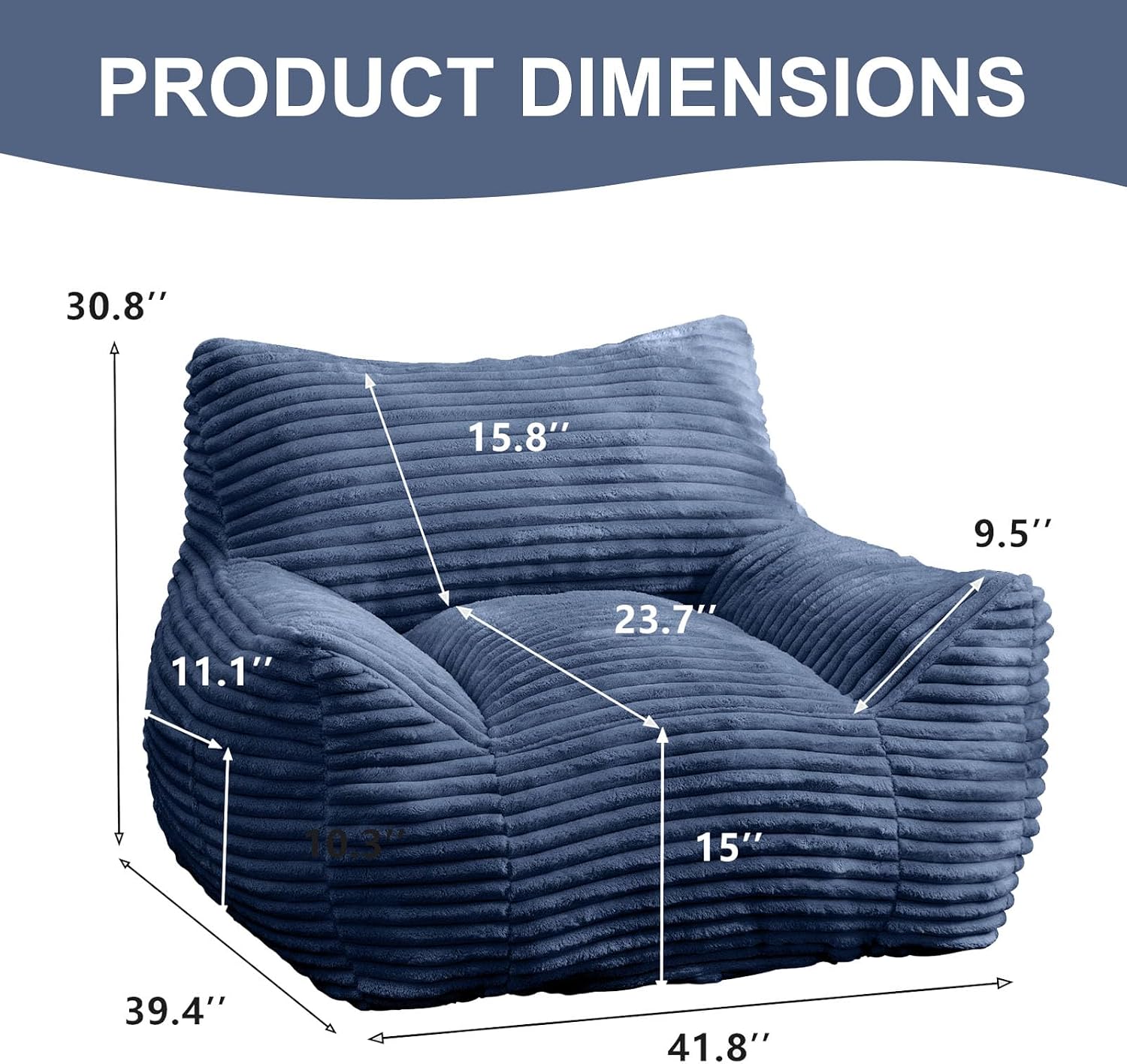 Bean Bag Chair for Adults, Comfy Corduroy Beanbag with Armrests, Lazy Sofa Floor Chair for Living Room, Bedroom, Dorm & Lounge, Cozy Fluffy Single Mini Couch (Blue)