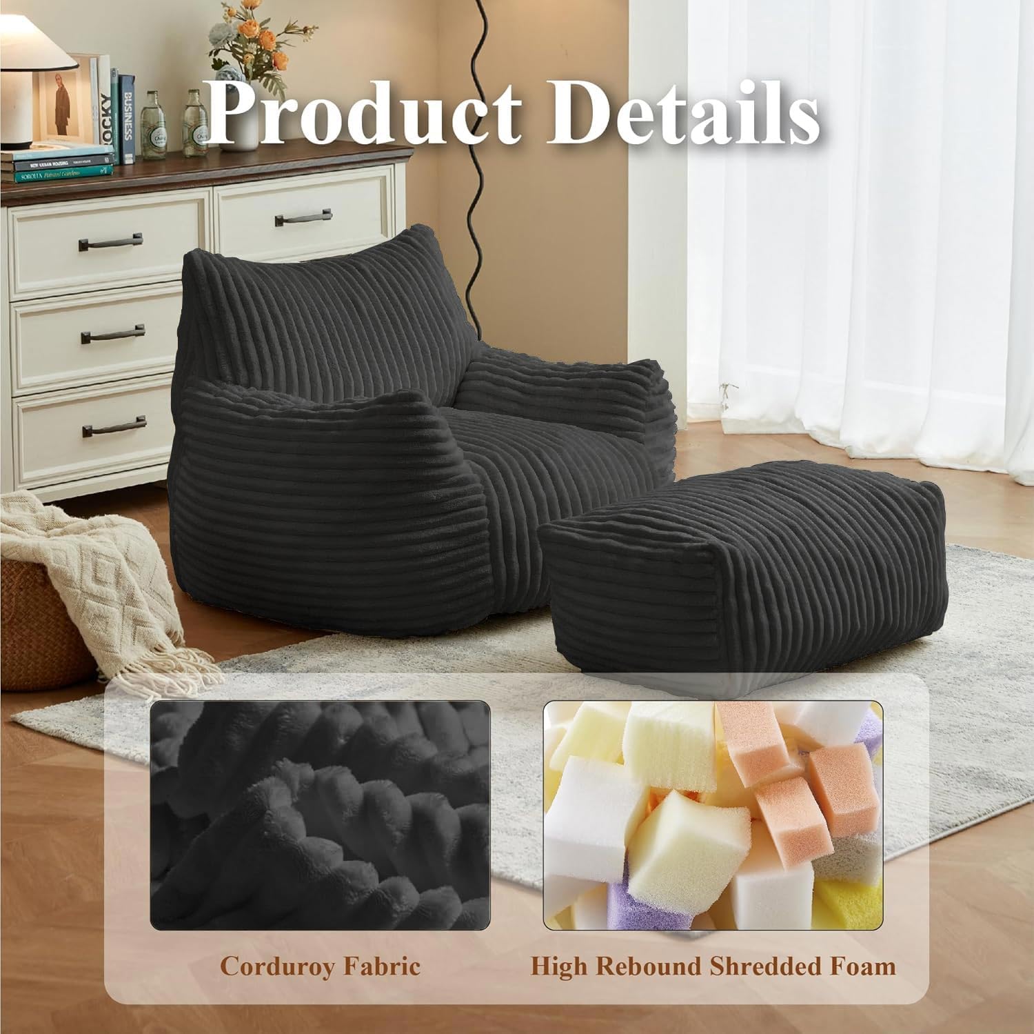Giant Plush Bean Bag Chair with armrests for Adults,Reading Chair with Footstool,Black Bean Bag,Comfortable Reading and Gaming Recliner,Relaxing Cloud Sofa (Black, Bean Bag Chair + Footstool)