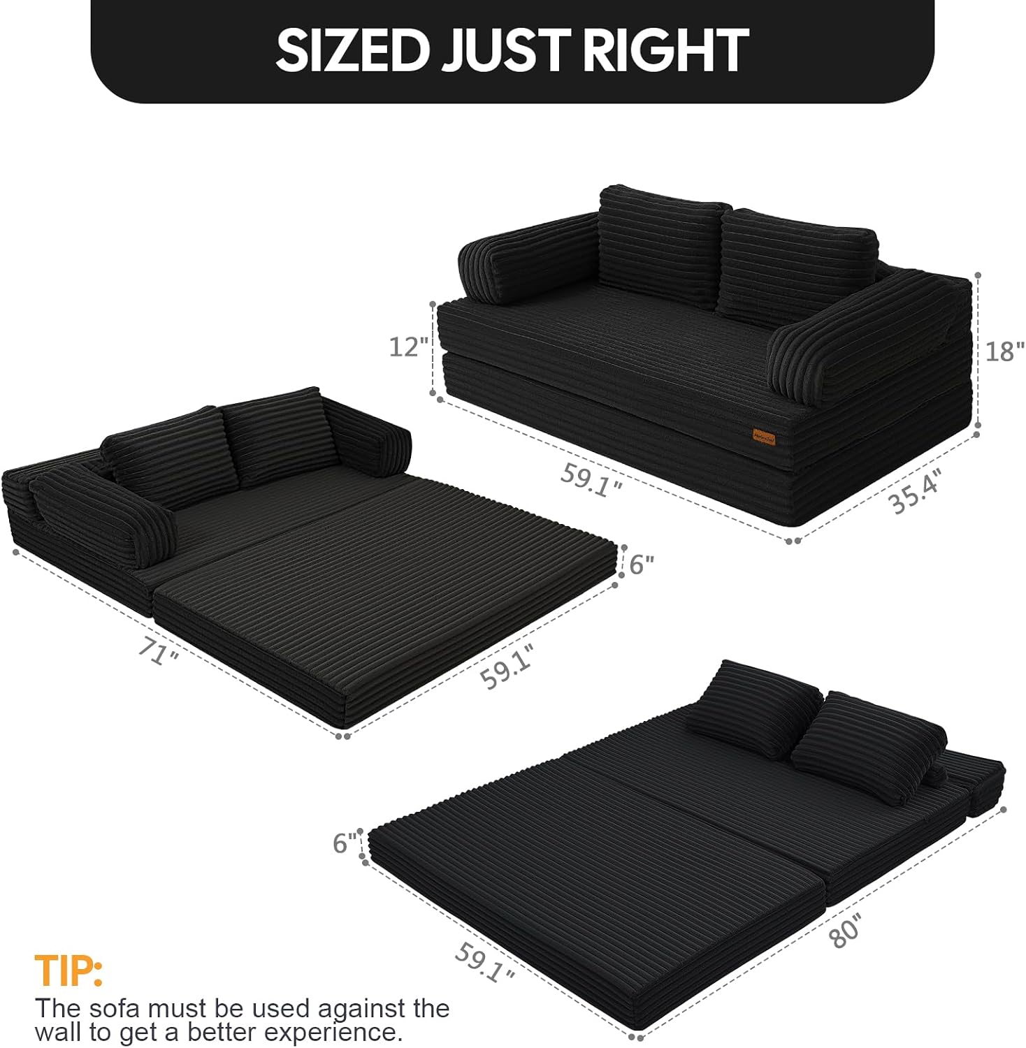 MeMoreCool Convertible Sofa Bed Black, Folding Floor Couch Bed Queen, Pull Out Sleeper Couch with Pillows, Corduroy Fold Out Futon Sofa for Bedroom Living Room Small Space