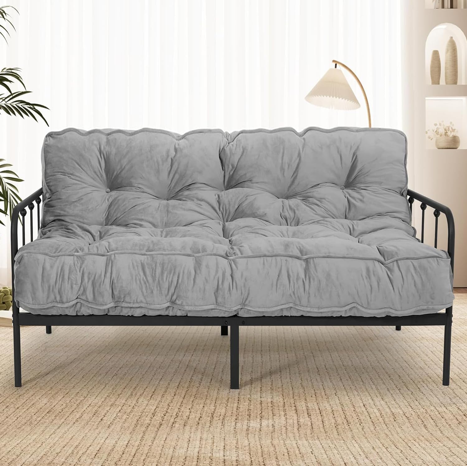 8' Full Size Futon Mattress Sofa Bed, Extra Thick Foldable Floor Mattress, Shredded Foam Filling for Adults/Teens/Pets with No Assembly Needed, Frame Not Included - Grey