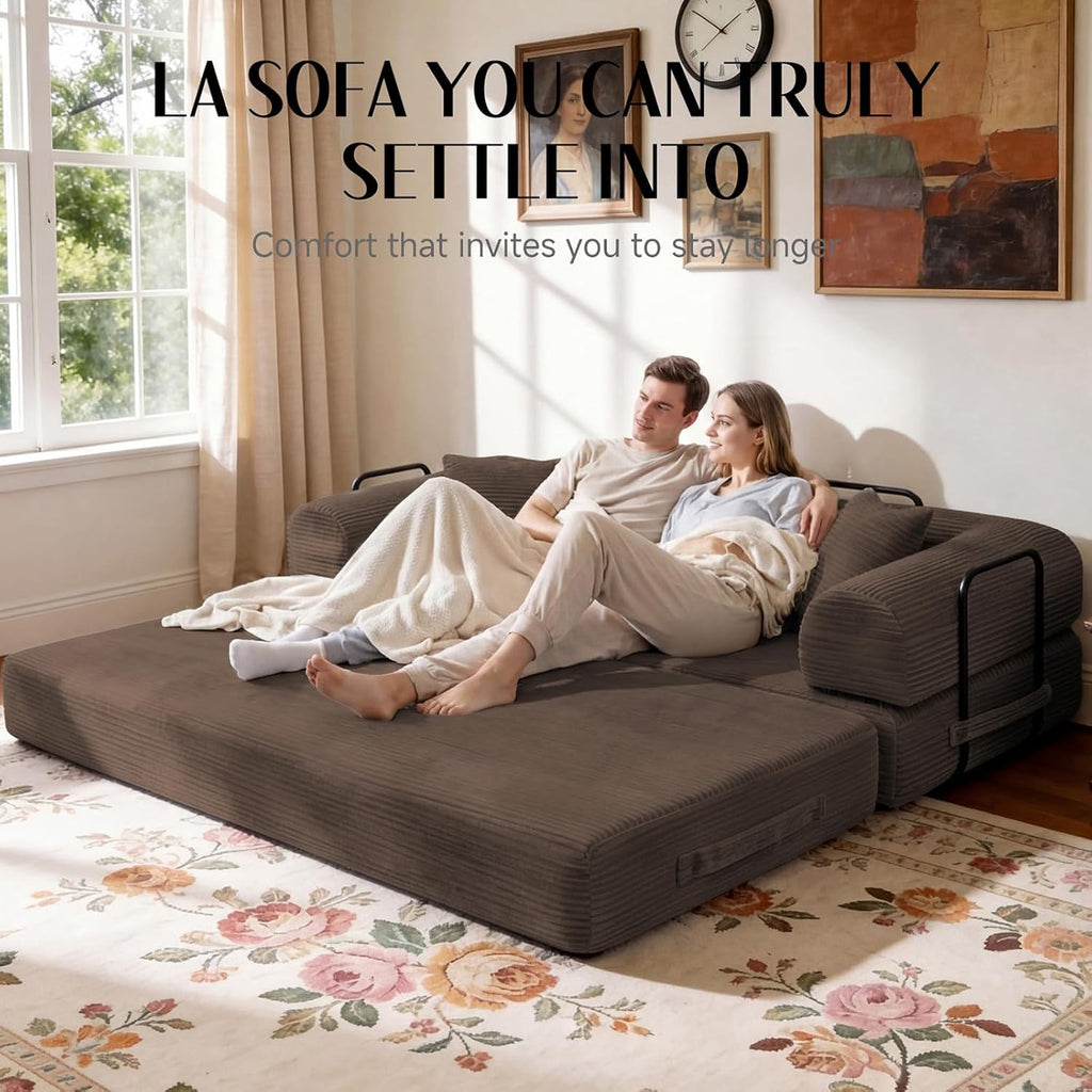 79'' Convertible Sofa Bed, Boneless Couch-in-a-Box, Corduroy Floor Futon Loveseat Sleeper, 26'' Deep Seat, Removable Machine-Wash Covers, No Assembly, 2 Pillows, Brown