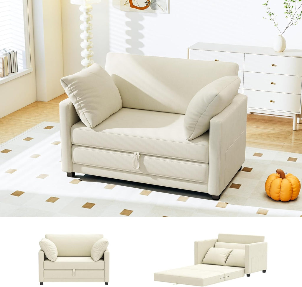 Myroyalsit 51' Convertible Sofa Bed, 2 in1 Folding Sofa Bed, Loveseat Sleeper Sofa for Small Spaces, Fold Out Floor Couch with 2 Pillows for Apartment, Living Room & Guest Room, Beige Chenille Fabric