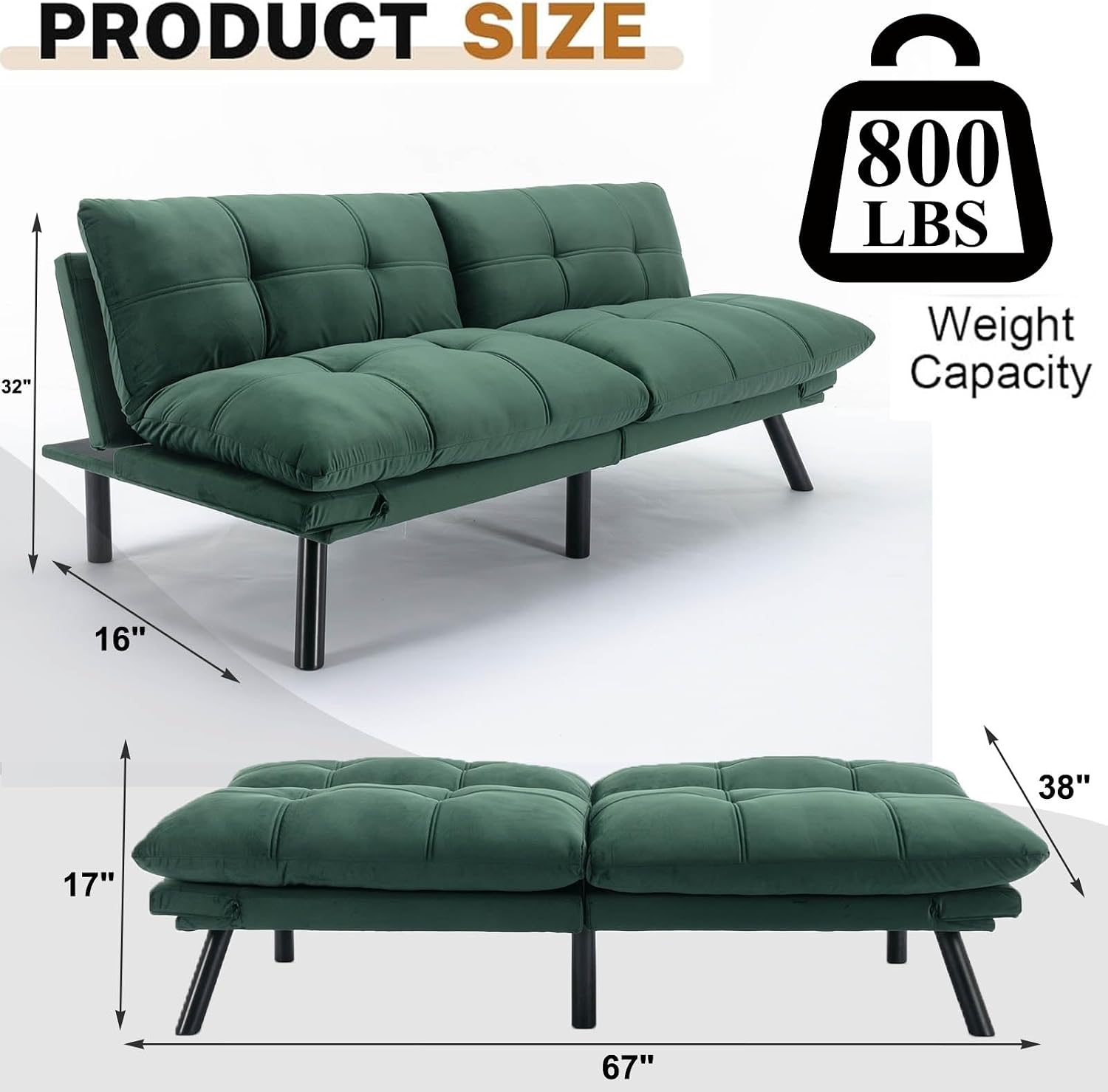Anwick Velvet Convertible Futon Sofa Bed,71' Modern Comfy Loveseat Sleeper Sofa with Adjustable Backrest Armrest,Folding Futon Sleeper Recliner for Living Room,Office,Apartment (Emerald)