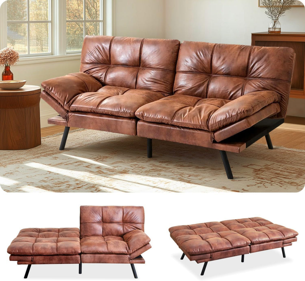 MUUEGM Futon Sofa Bed 71' Walnut Convertible Memory Foam Futon Couch Bed Modern Loveseat Sleeper with Adjustable Backrests Armrests for Living Room,Small Space,Office