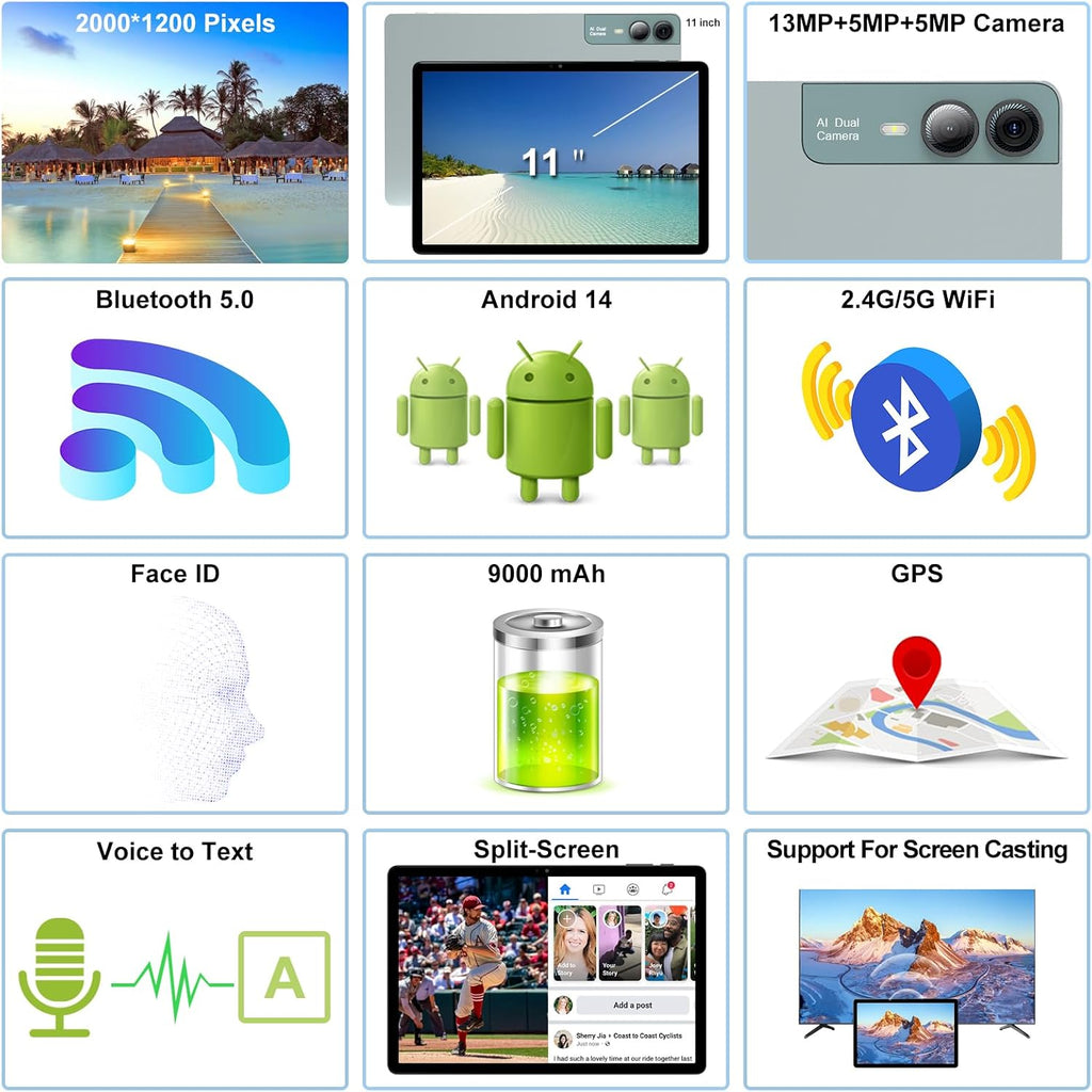 2026 Latest 11 inch Android Tablet, 18GB RAM 128GB ROM, 1TB Expandable, 2K Display, T616 Octa-Core, 13MP+5MP+5MP Camera, 9000mAh Battery, GPS, Face ID, Quad Speakers, Tablet with Keyboard and Pen