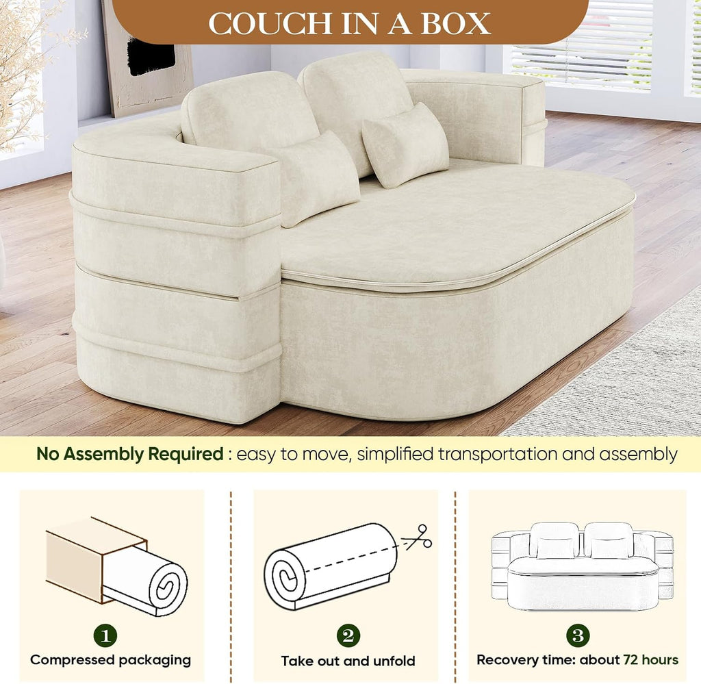 Antetek Convertible Sleeper Sofa, Modern Folding Futon Chenille Floor Foam Compression Loveseat Sofa Bed Couch, Foldable Full-Size Guest Bed with 4 Pillows for Living Room Bedroom Apartment, Beige