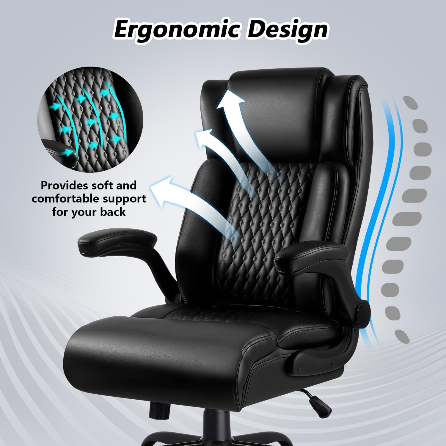 Office Chair, Big and Tall 400LBS Heavy Duty Executive Office Desk Chair with Flip-up Armrest, Ergonomic Swivel High Back Office Chairs with Lumbar Support, PU Leather (Black)