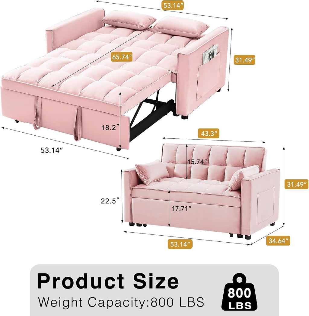 Wakefit 3 in 1 Convertible Sleeper Sofa Bed, Futon Couches for Living Room with Side Pocket | Adjustable Backrest| Velvet Fabric | Pull Out Couch | Recliner Loveseat | Sectional Sofa, Pink