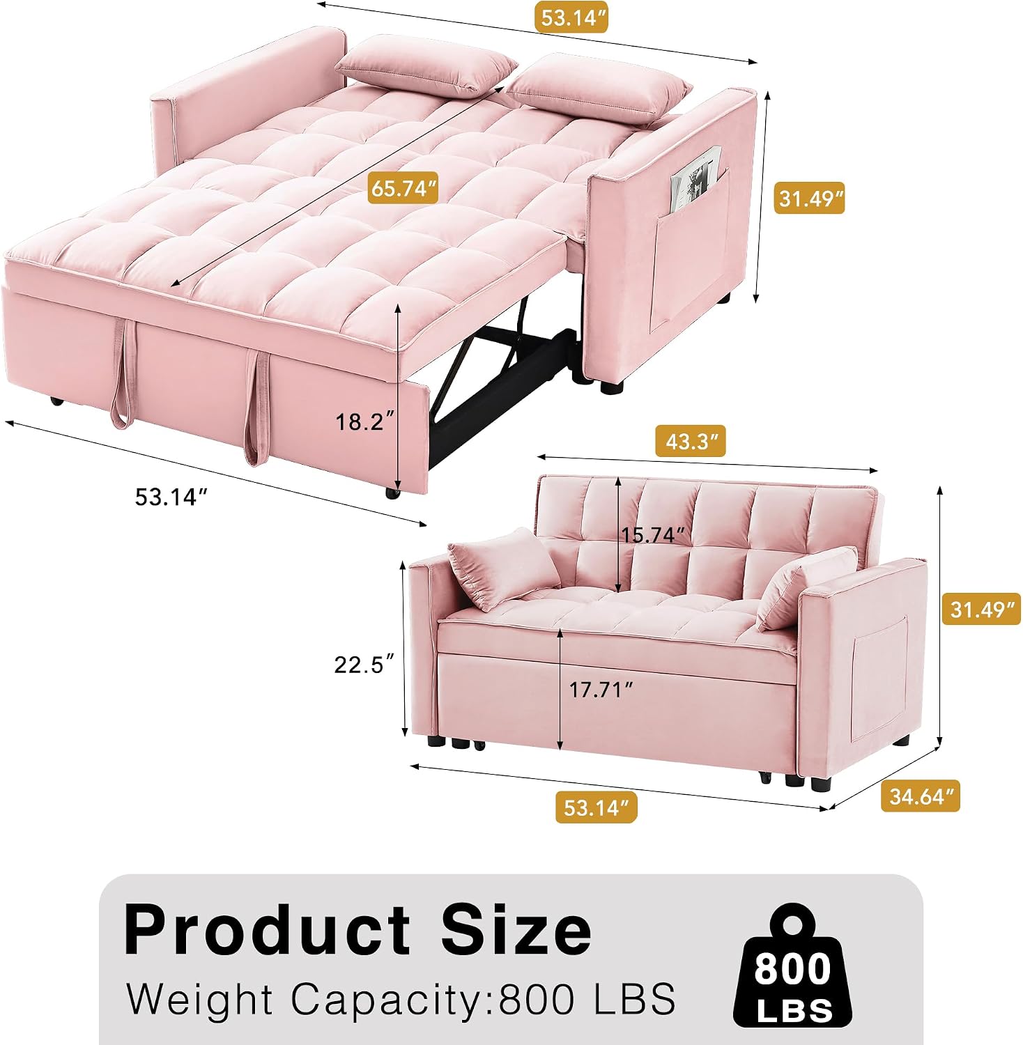 Wakefit 3 in 1 Convertible Sleeper Sofa Bed, Futon Couches for Living Room with Side Pocket | Adjustable Backrest| Velvet Fabric | Pull Out Couch | Recliner Loveseat | Sectional Sofa, Pink