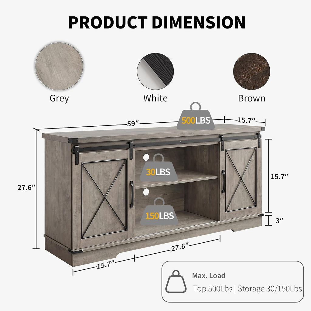 IDEALHOUSE Farmhouse TV Stand for 65 Inch TV, Entertainment Center with Sliding Barn Doors & Adjustable Shelves, Rustic Wood TV Console Table Media Cabinet for Living Room Bedroom, Grey