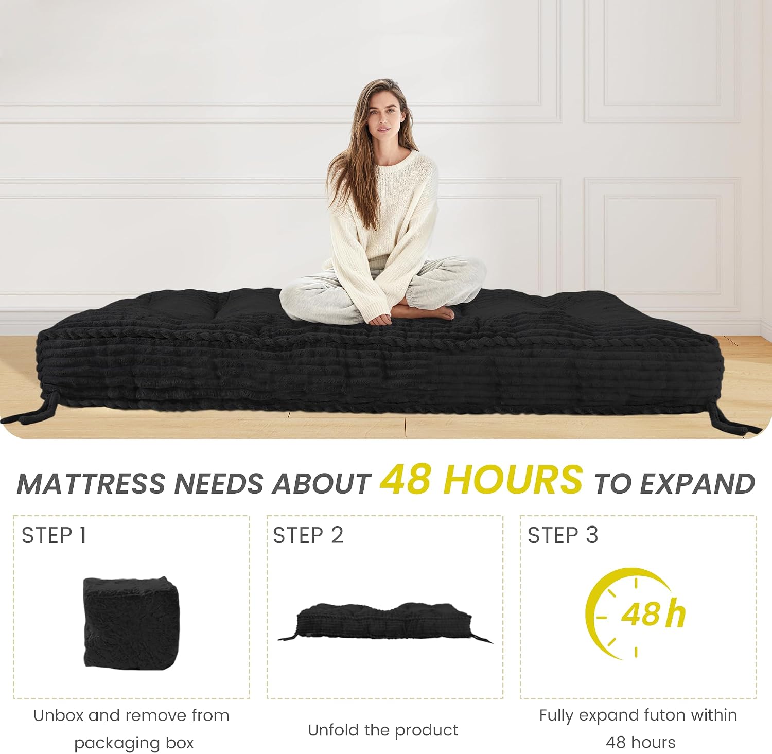 8' Futon Mattress Full Size 54' x 80', Futon Sofa Couch Bed with Twisted Rope Design Edging, Extra Thick Corded Floor Futon Mattress Sleeping Mat for Adults, Camping, Dorm, Black(Frame Not Included)