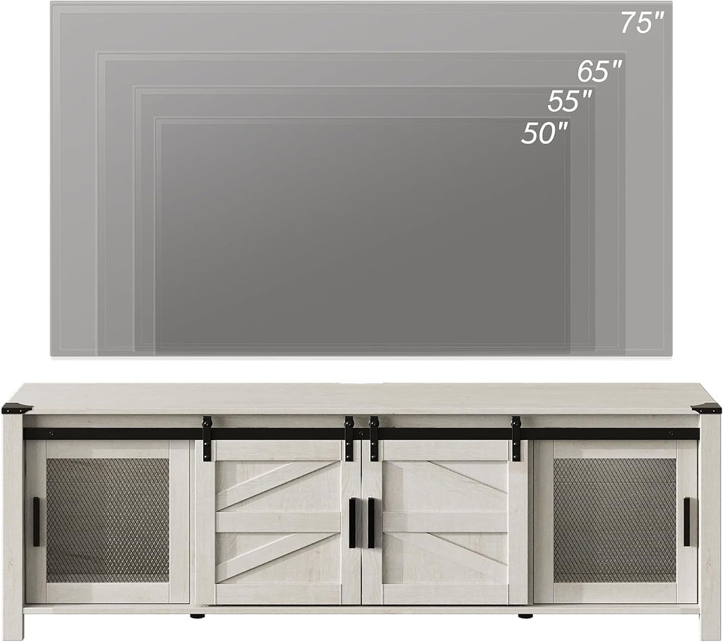 WAMPAT Farmhouse TV Stand for ups to 75 inch TV,Sliding Barn Door Entertainment Center Media TV Console Table with Storage Shelf for Living Room Bedroom, Antique White