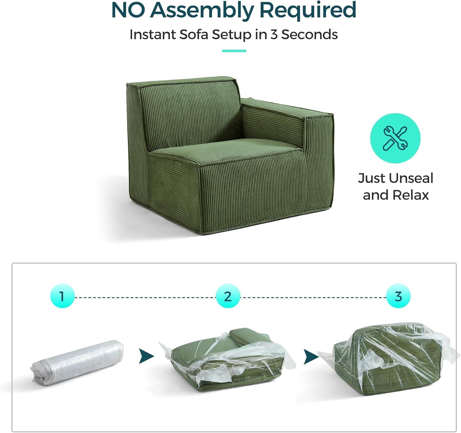 LINSY HOME Modular Sectional Sofa, 105' Boneless Couch U Shaped 3-Seat Sofa with 2 Ottomans, Corduroy Sectional Cloud Couches for Living Room, No Assembly Required(Green)