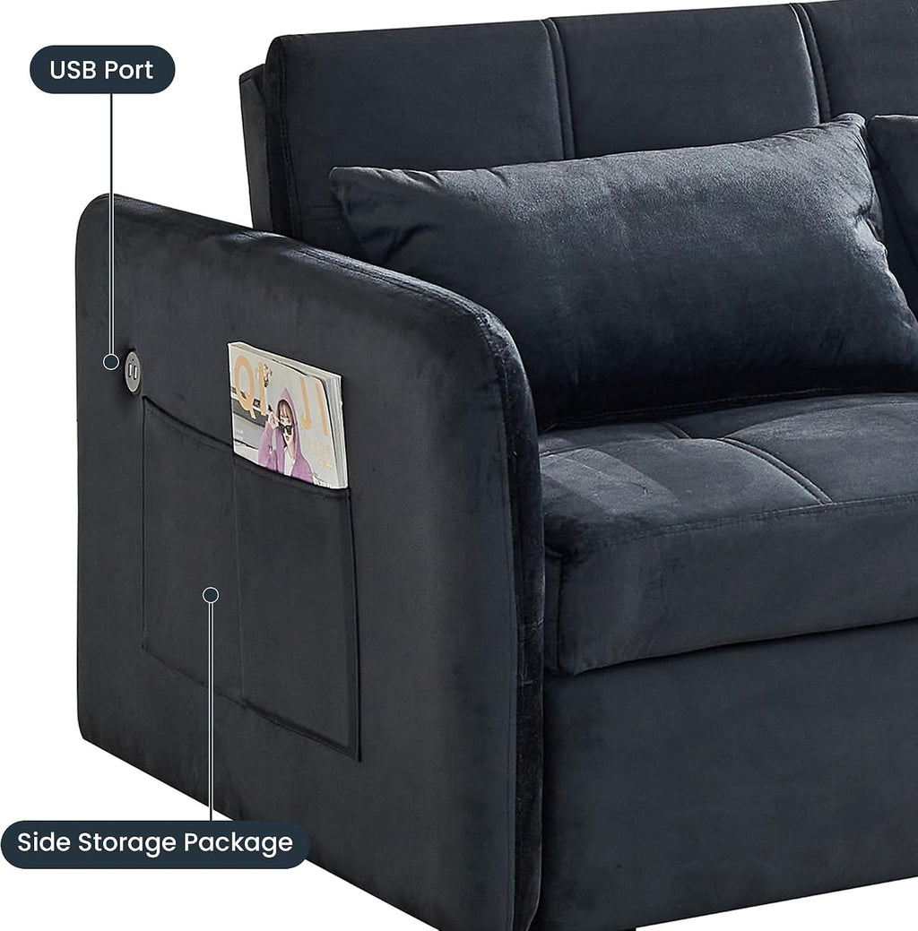 Loveseat Sleeper with USB Ports Velvet Pull Adjustable Backrest, Sofa Bed with Toss Pillows, Futon Couches for Living Room Apartment Office, Black