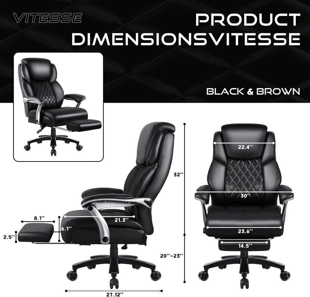 OFIKA 600lbs Big and Tall Office Chair with Foot Rest and Lifting Headrest,Large Heavy Duty Chair with Adjustable Lumber Support,Executive Office Chair,Leather Chair for Heavy People (Black)