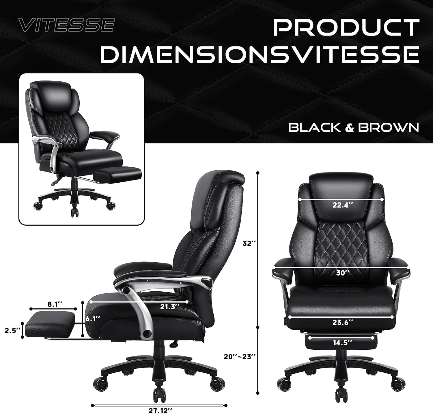OFIKA 600lbs Big and Tall Office Chair with Foot Rest and Lifting Headrest,Large Heavy Duty Chair with Adjustable Lumber Support,Executive Office Chair,Leather Chair for Heavy People (Black)