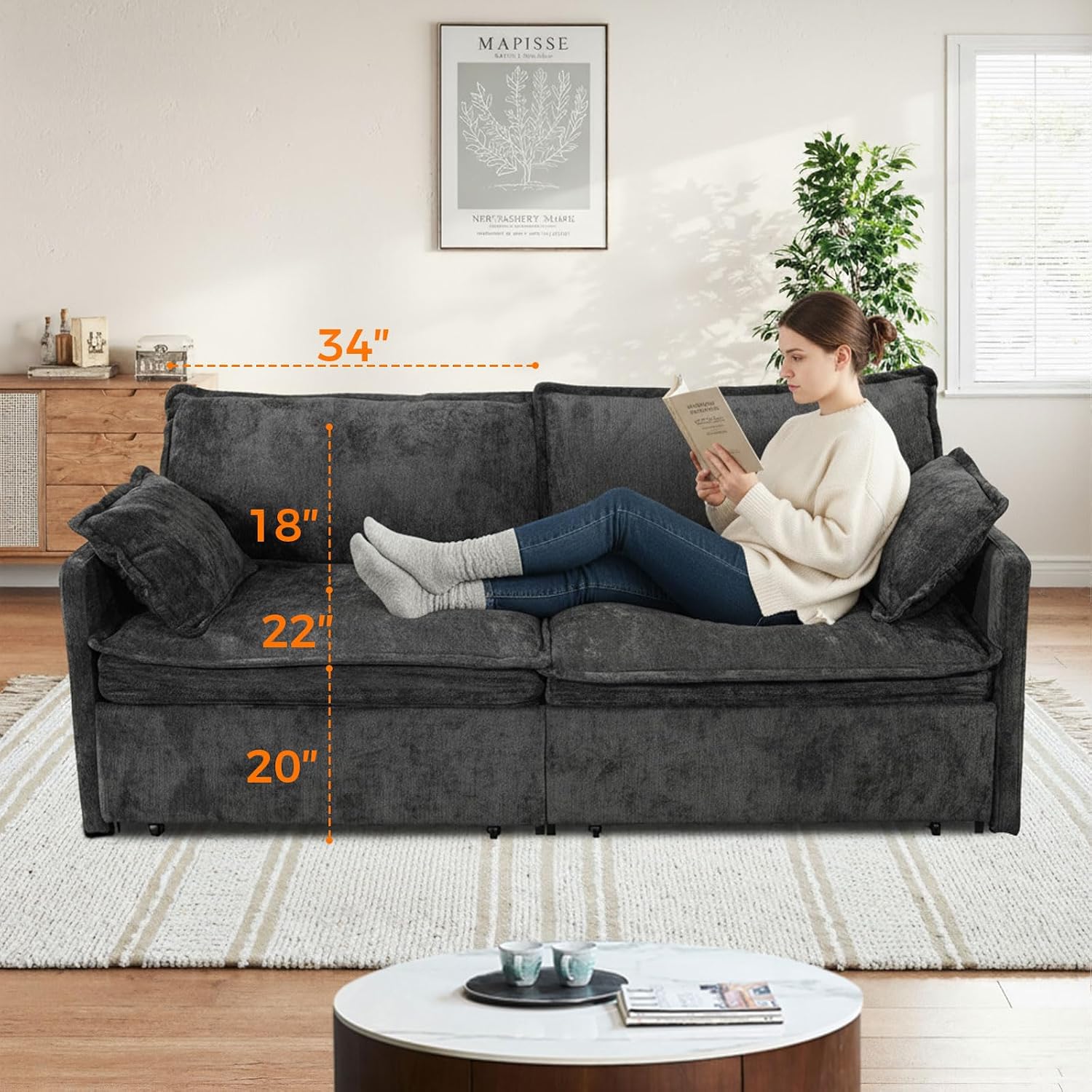 CAPCAEK 72' Futon Sofa Bed King Size, 3-in-1 Pull Out Couch Convertible Sleeper Sofa with USB Ports and Side Pocket, Modern Corduroy Loveseat Couch for Living Room,Small Space,Apartment,Bedroom,Black