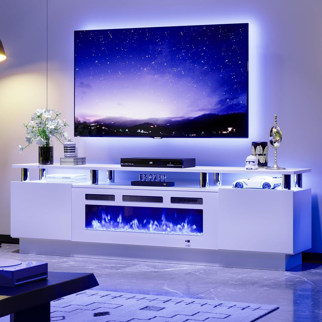 70' TV Stand for Living Room, Entertainment Center & Media Console with Storage, Fits TVs up to 80', Modern TV Cabinet with Shelves, 36' Electric Fireplace (All White)