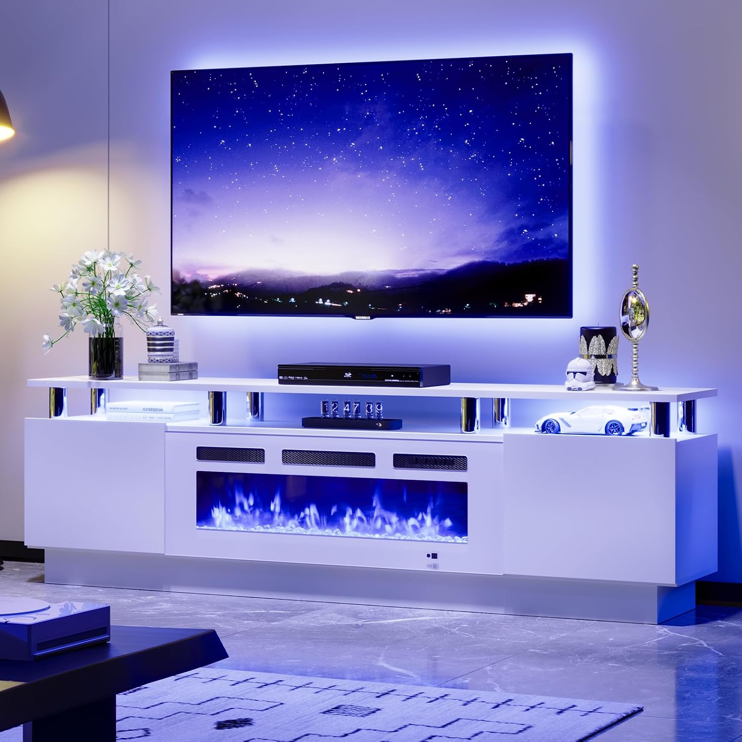 70' TV Stand for Living Room, Entertainment Center & Media Console with Storage, Fits TVs up to 80', Modern TV Cabinet with Shelves, 36' Electric Fireplace (All White)