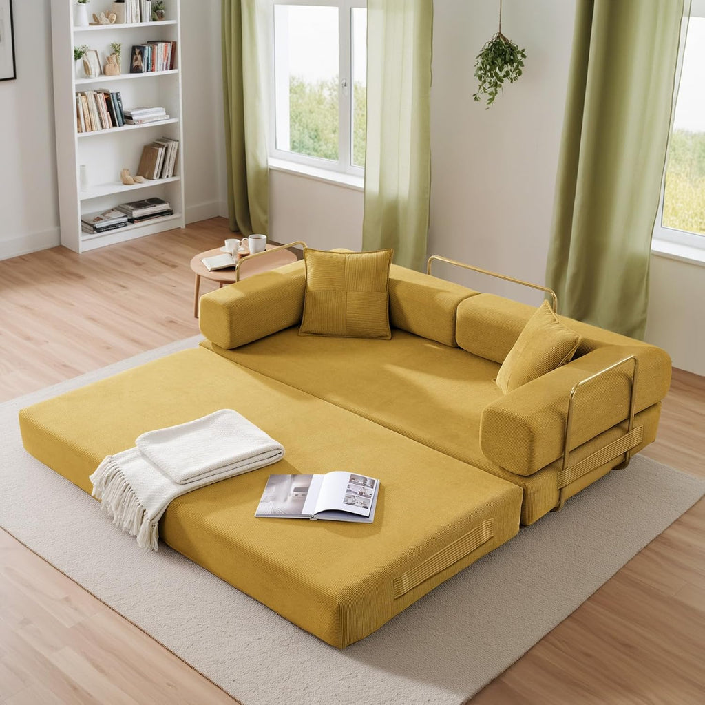 Antetek 78' Convertible Futon Sofa Bed, 3-Seater Modern Corduroy Foam Floor King Size Bed Foldable Sleeper Lounge Loveseat Sofa Couch with 2 Throw Pillows for Living Room Bedroom Guest Room, Yellow