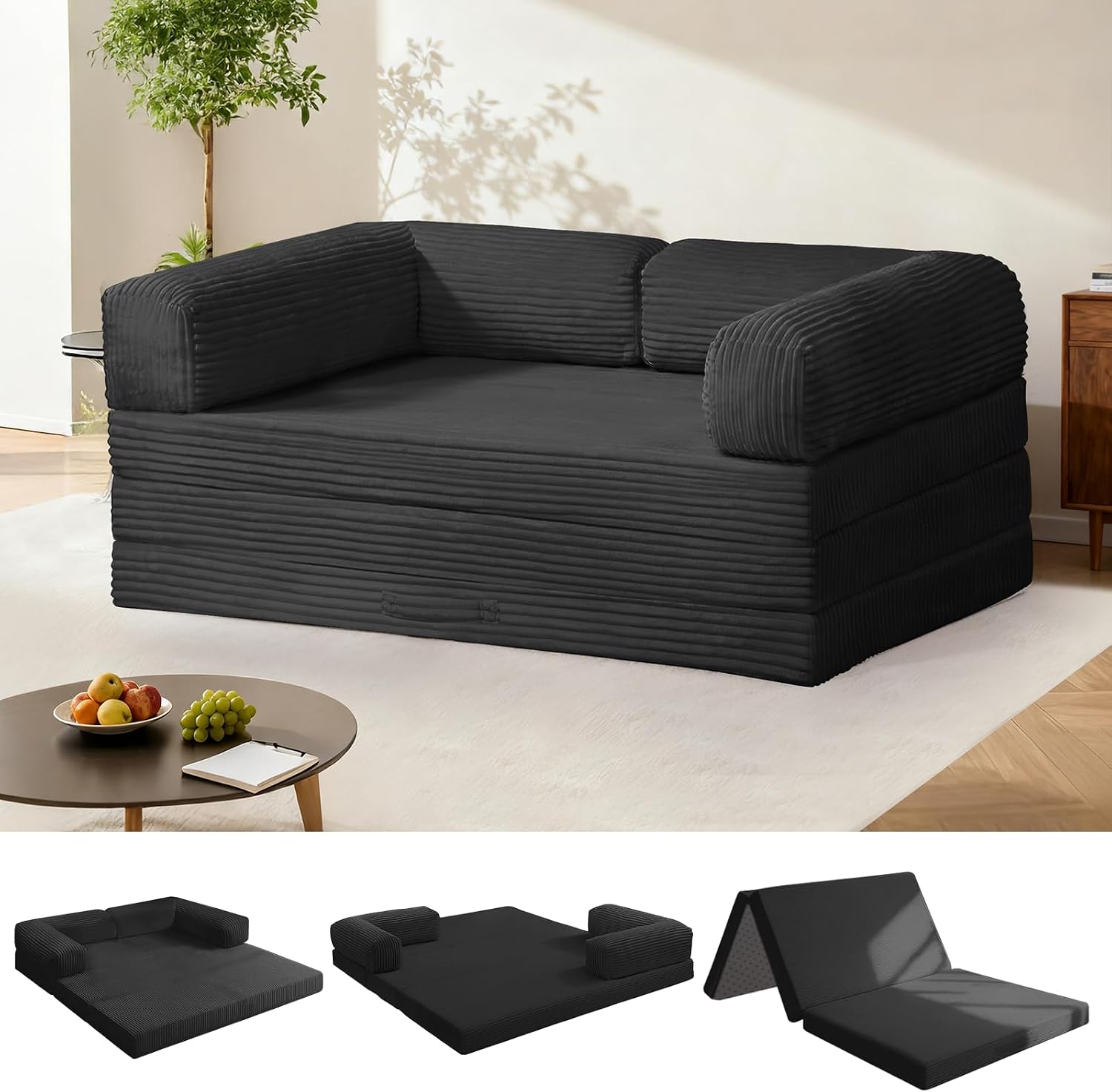Tri-Fold Foldable Mattress, Convertible Folding Sofa Bed with Removable Arms & Washable Cover, All-in-One Portable Mattress Floor Sofa Bed, No Assembly Required & Non-Slip, Full Size, Black