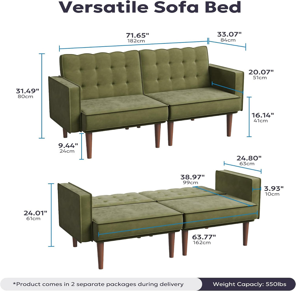 Furnify 71' Velvet Futon Sofa Bed, Versatile Loveseat Couch, Sleeper Sofa with Adjustable Backrest, Mid Century Modern Futon Couch for Small Space, Living Room, Office & Apartment, Velvet Fabric Green