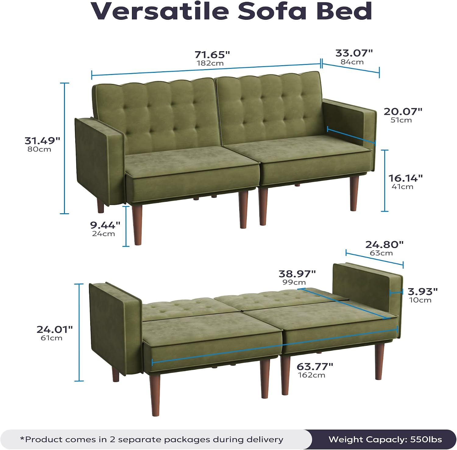Furnify 71' Velvet Futon Sofa Bed, Versatile Loveseat Couch, Sleeper Sofa with Adjustable Backrest, Mid Century Modern Futon Couch for Small Space, Living Room, Office & Apartment, Velvet Fabric Green
