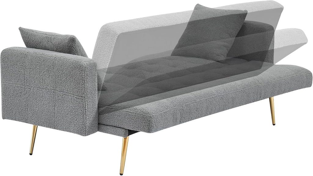 Eafurn Teddy Fleece Folding Sleeper Sofa Bed Convertible Futon Loveseat Couch with 3 Adjustable Backrest, Tufted Recliner Lounge Sofabed Daybed with Golden Metal Legs for Living Room Apartment