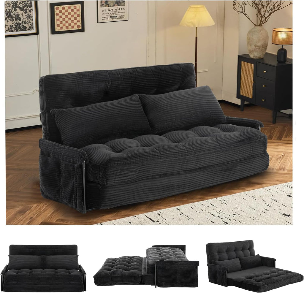 Convertible Futon Sofa Bed with Adjustable Backrest Pillows,Folding Loveseat Sleeper Sofa,Corduroy Pull Out Couches with Side Pocket for Living Room Bedroom Lounge（Charcoal）