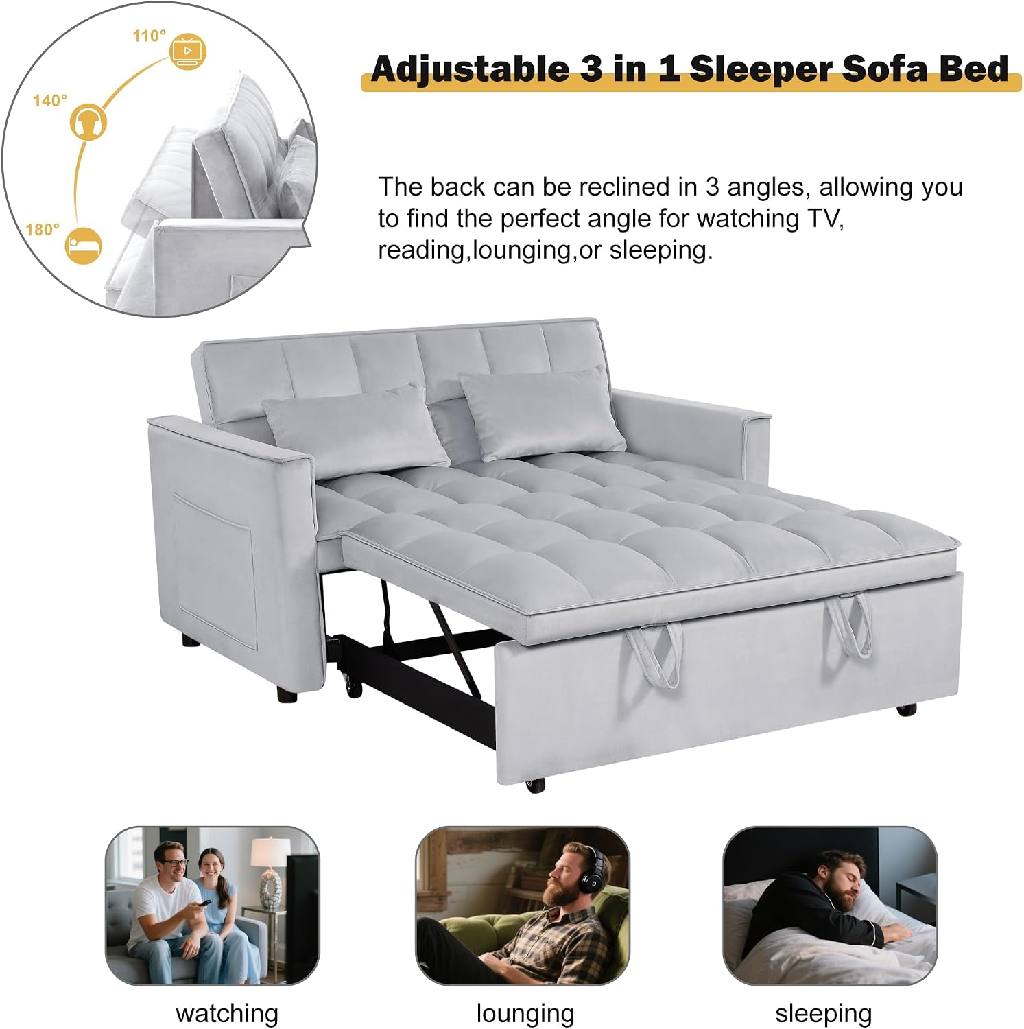 Convertible Sleeper Sofa Bed, Loveseat Sleeper Sofa with Large Side Pockets, Pull Out Sofa Bed with 3 Position Adjustable Backrest, 3 in 1 Velvet Couch Bed for Small Spaces, Apartment, Gray