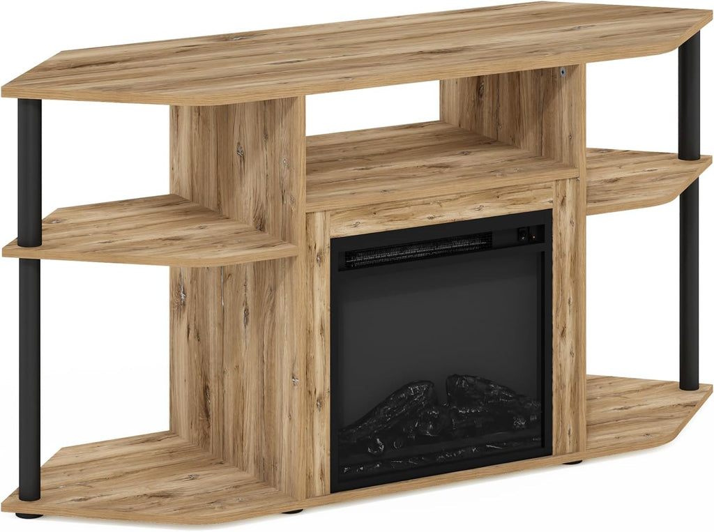 Furinno Jensen Fireplace TV Stand, Corner Entertainment Center, TV Console for TV up to 55 Inch with Fireplace, Plastic Poles and Open Storage, for Living Room, Bedroom, Flagstaff Oak