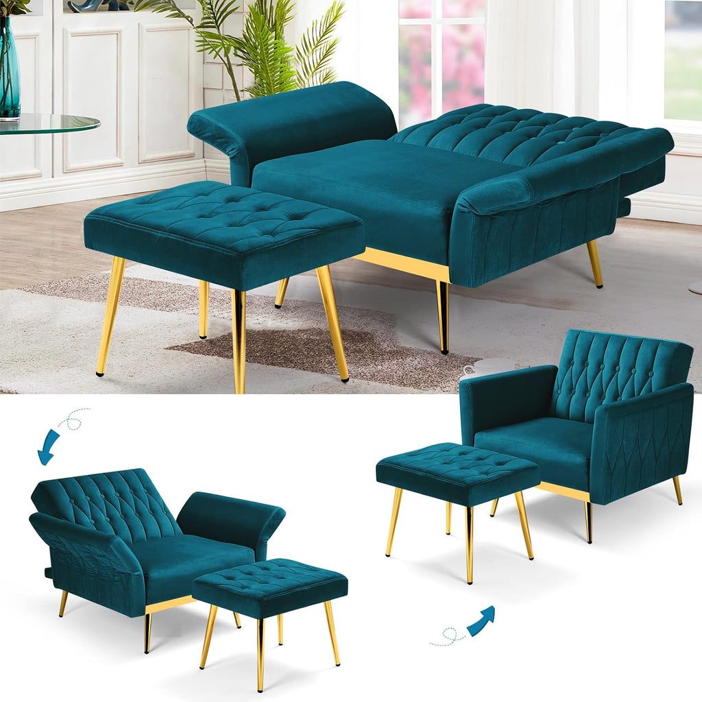 2 Pieces Velvet Sofa Set with Adjustable Armrest and Backrest, 70' Convertible Futon Sofa Bed & Mordern Accent Chair with Ottoman for Living Room, Bedroom, Teal