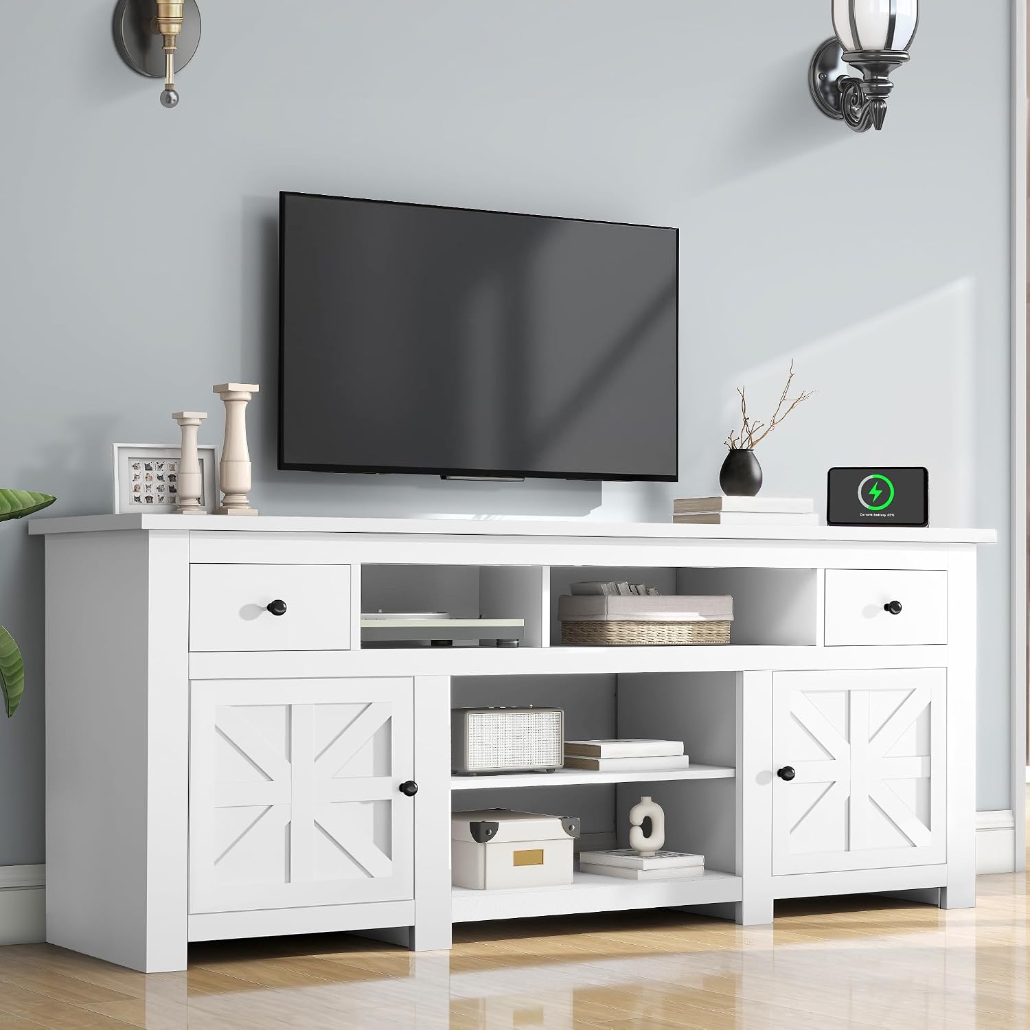 DWVO Farmhouse TV Stand for 75/80 Inches TVs, Entertainment Centers Furniture 30' Tall, TV Consoles with Storage Drawers & Power Outlet, Rustic TV Stands for Living Room, White
