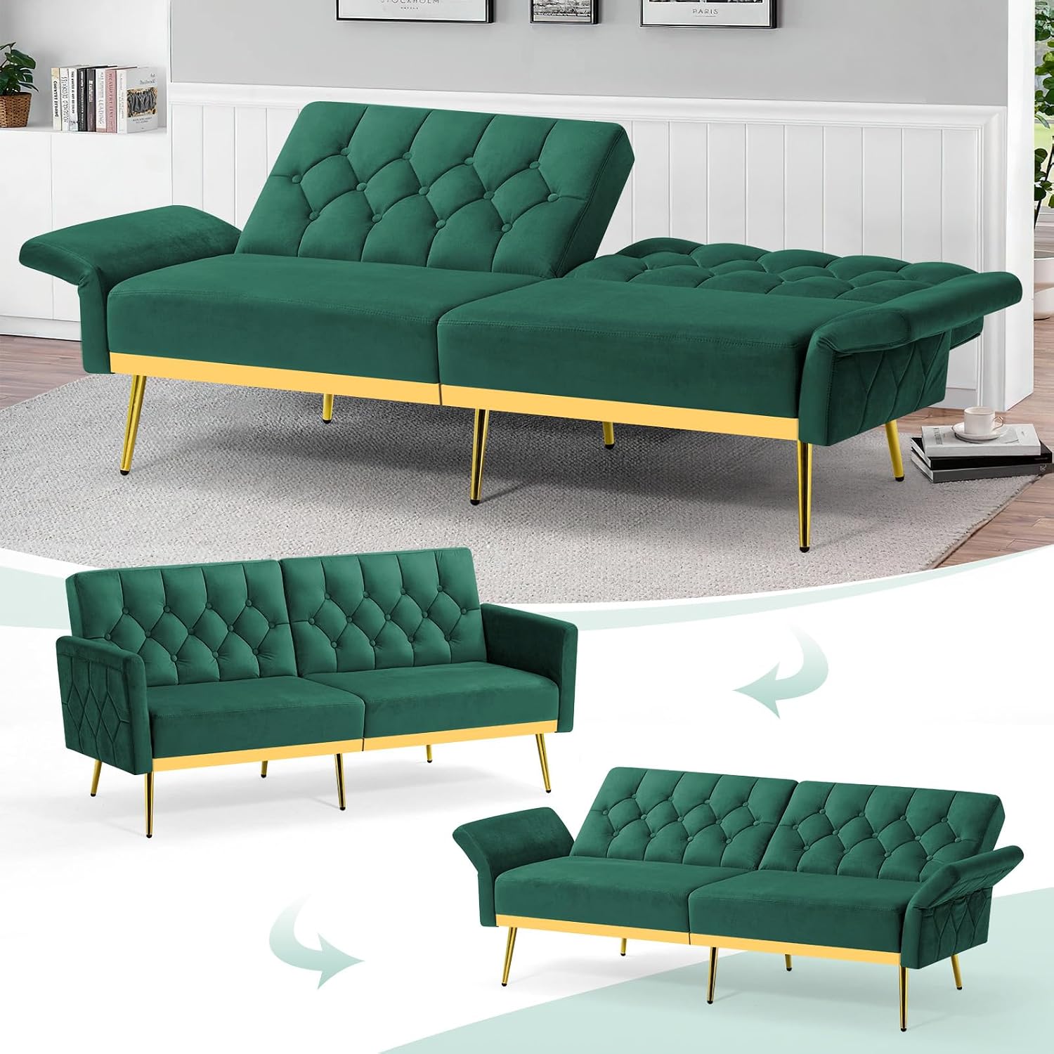 Velvet Futon Sofa Bed w/Adjustable Armrests & Backrests, Button Tufted Sleeper Couch, Modern Convertible Loveseat Sofa for Bedroom, Living Room, Apartment, Green