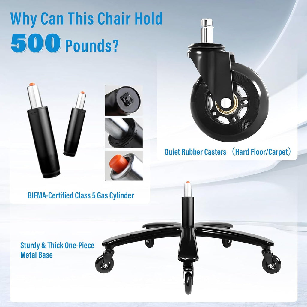 500lbs Big and Tall Office Chair - Heavy Duty Mesh Ergonomic Desk Chair with Headrest, High Back Computer Chair - Flip-up Armrests, Wide Thick Seat Cushion, Quiet Wheels, Grey