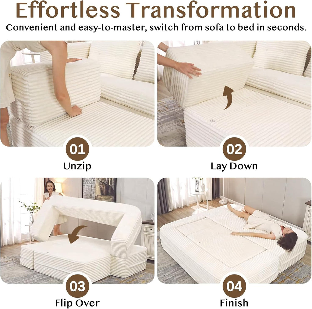 80'' Futon Sofa Bed, King Size Foldable Sleeper Sofa, Corduroy Boneless Loveseat Couch with Chaise Lounge, 3 Pillows, Blanket, Upholstered Sectional Couches for Living Room, Bedroom, Camel