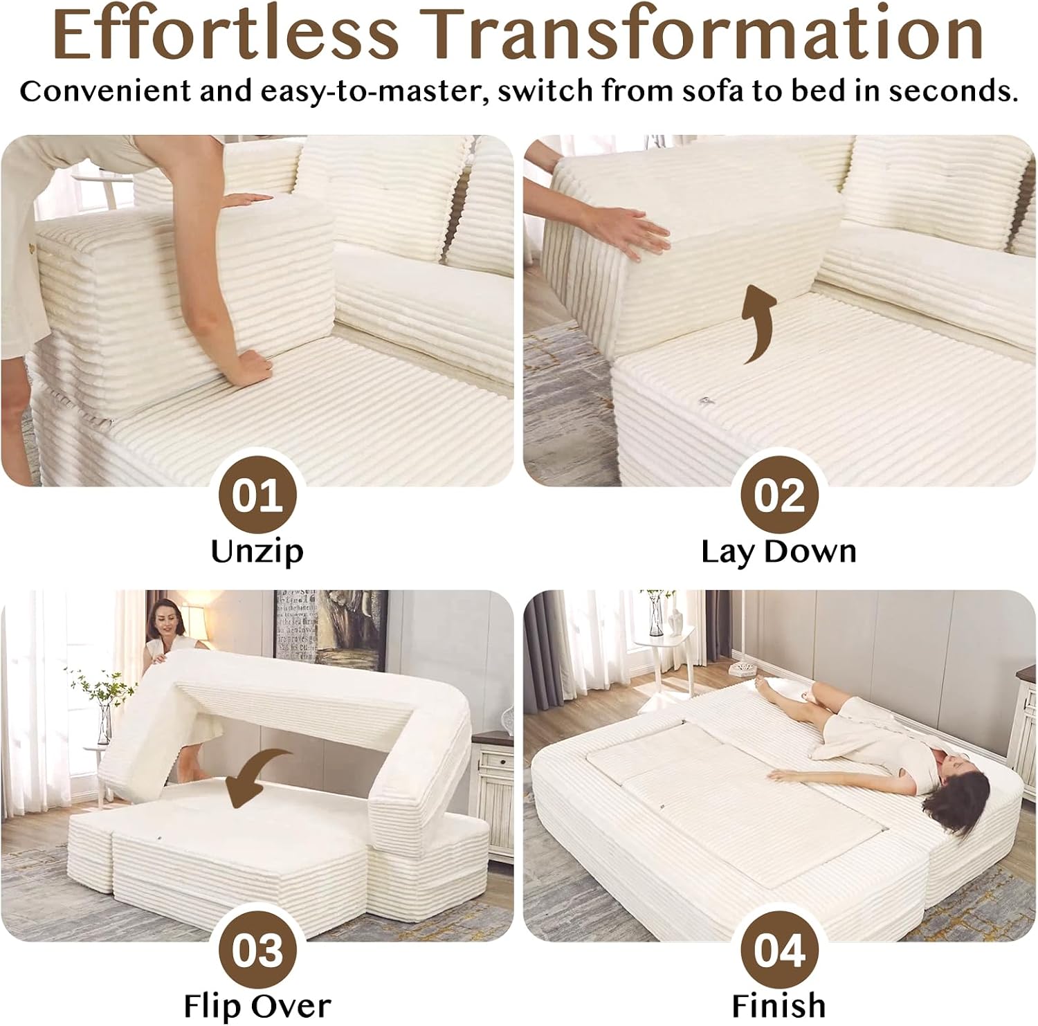 80'' Futon Sofa Bed, King Size Foldable Sleeper Sofa, Corduroy Boneless Loveseat Couch with Chaise Lounge, 3 Pillows, Blanket, Upholstered Sectional Couches for Living Room, Bedroom, Camel