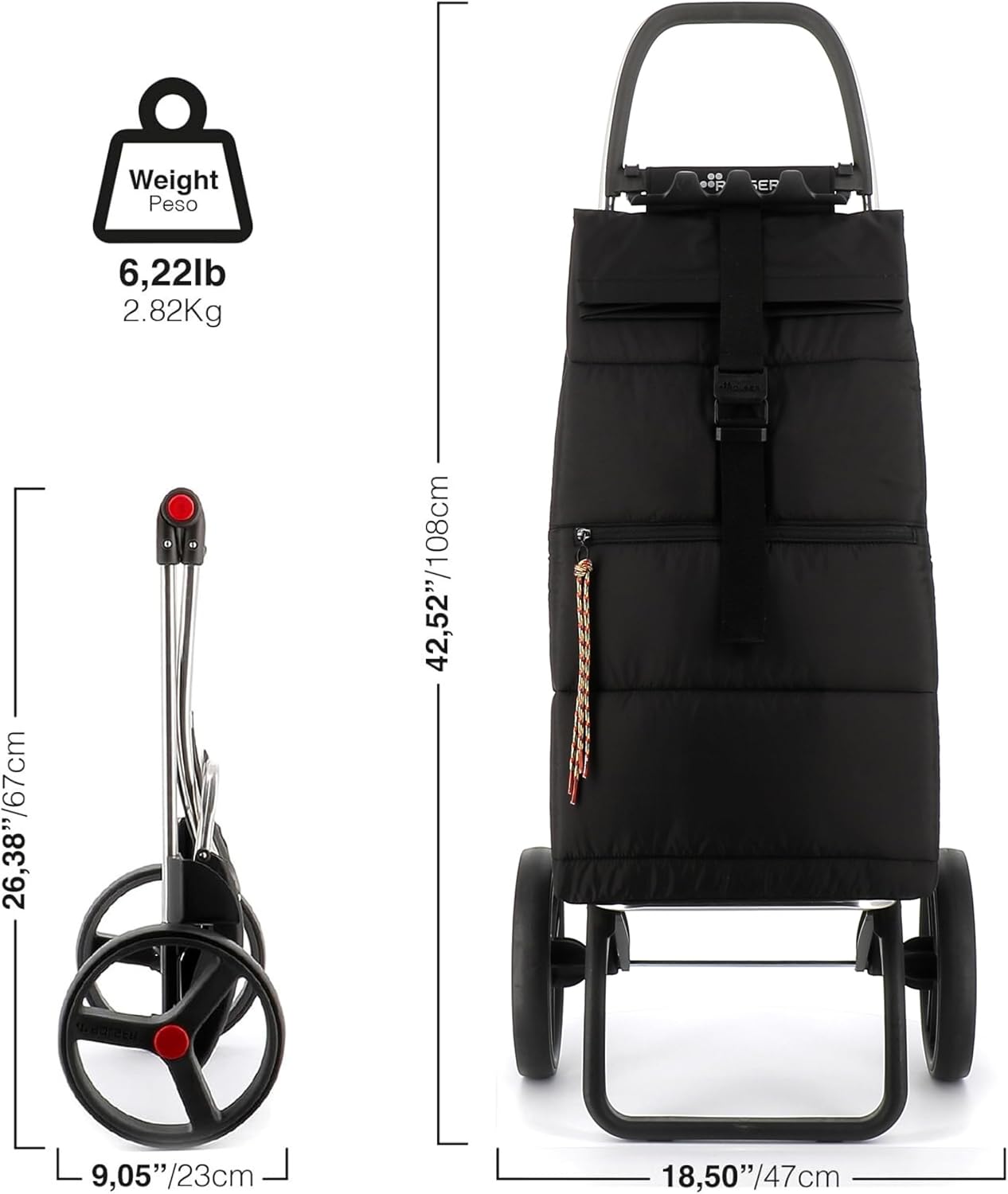 Foldable Puffer Grocery Shopping Cart with Wheels | Collapsible Personal Folding Cart for Groceries | Durable & Portable | Black