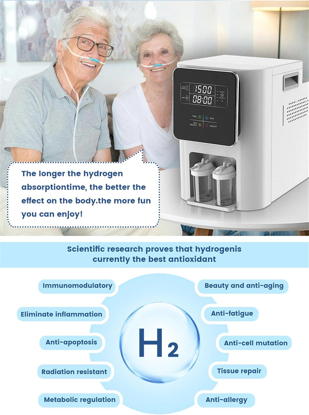 Molecular Hydrogen Inhalation Machine 99.99% High Purity Home Usage Brown Gas Generator SPE PEM Technology, 8 Hours Timer 1800ml/min