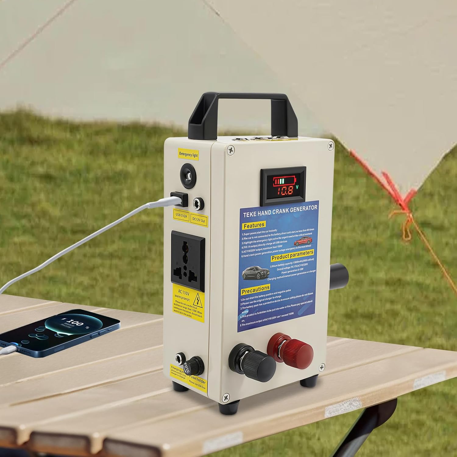 150W Hand Crank Manual Generator, Portable Power Station with USB/Vehicle Charging, Small Inverter Generator Emergency Power Supply for Home, Camping, Outdoor Survival, Mobile Devices