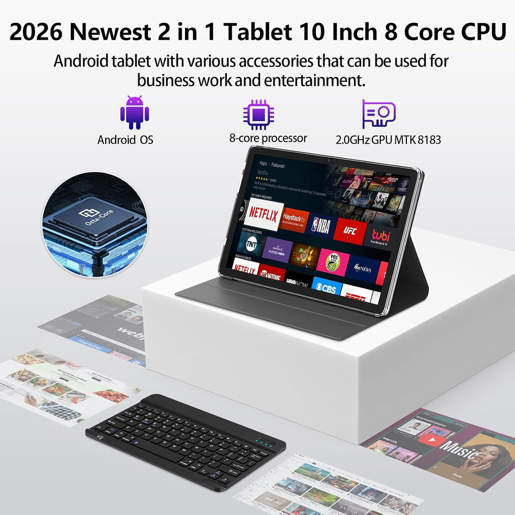 EITOMIN Android Tablet 2026 Latest 10 inch Tablet with Keyboard,128GB ROM 16GB RAM TF1TB Expand,Octa-Core,5GWiFi,1080FHD,13MP+8MPCamera,Bluetooth5.0,GPS,Mouse,Case,Black