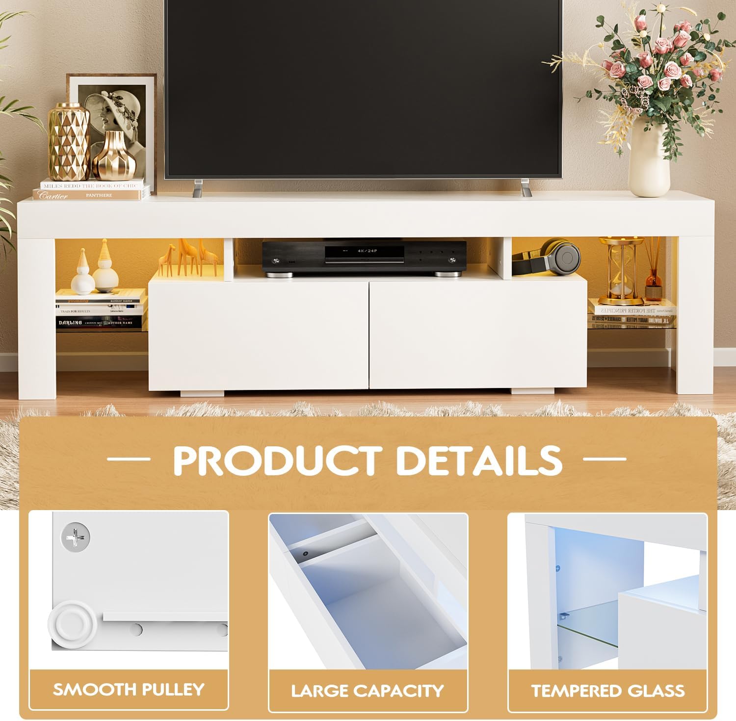 JUMMICO TV Stand with LED Lights, Modern Entertainment Center Media and Open Shelf Console Table Storage Desk with 1 Drawer and Remote Control 20 Color LED Lights up to 70 Inch TV (White)