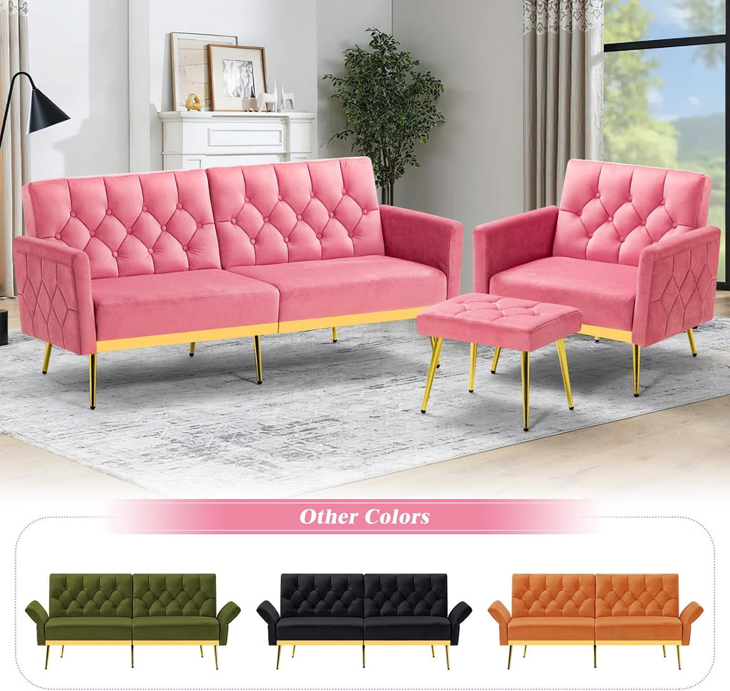 Velvet Futon Sofa Bed w/Adjustable Armrests & Backrests, Button Tufted Sleeper Couch, Modern Convertible Loveseat Sofa for Bedroom, Living Room, Apartment, Pink
