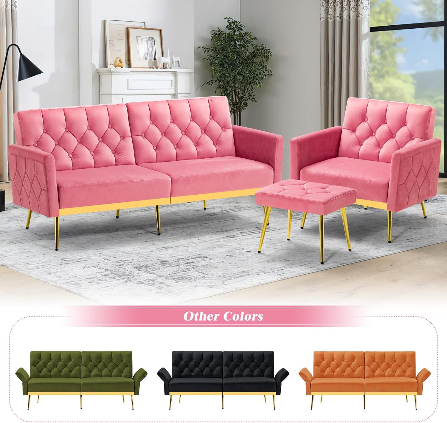 Velvet Futon Sofa Bed w/Adjustable Armrests & Backrests, Button Tufted Sleeper Couch, Modern Convertible Loveseat Sofa for Bedroom, Living Room, Apartment, Pink