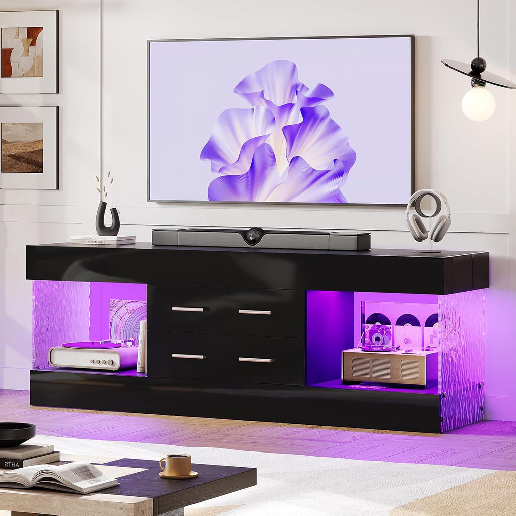 Bestier Modern 60 Inch TV Stand for 65/60/55+ TV, High Gloss Black Entertainment Center with 2 Drawers & LED Lights, Stone-Pattern Side Panels TV Consoles for Living Room, Bedroom