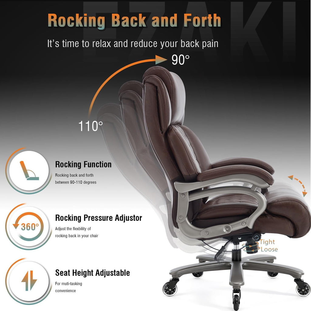 Big and Tall 400lbs Office Chair - Adjustable Lumbar Support Quiet Rubber Wheels Heavy Duty Metal Base, High Back Large Executive Computer Desk, Thick Padded Ergonomic Design for Back Pain