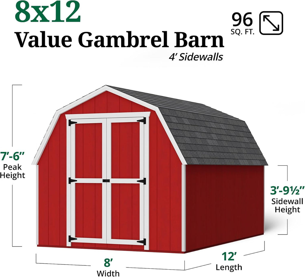 Little Cottage Co. 8x12 Value Gambrel Barn with 4 ft. Sidewalls with Floor, Outdoor Wood Storage Shed Do-It-Yourself Precut Kit