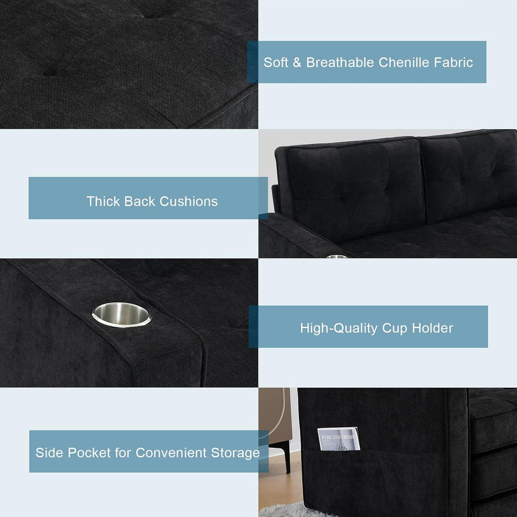 VINGLI Upgraded 64' W 84' L Full Size Futon Sofa Bed, 6' Thick Upholstery Chenille Loveseat Sofa Sleeper Pull Out Couch,Convertible Floor Couch for Living Room, Bedroom, Entertainment Room, Black